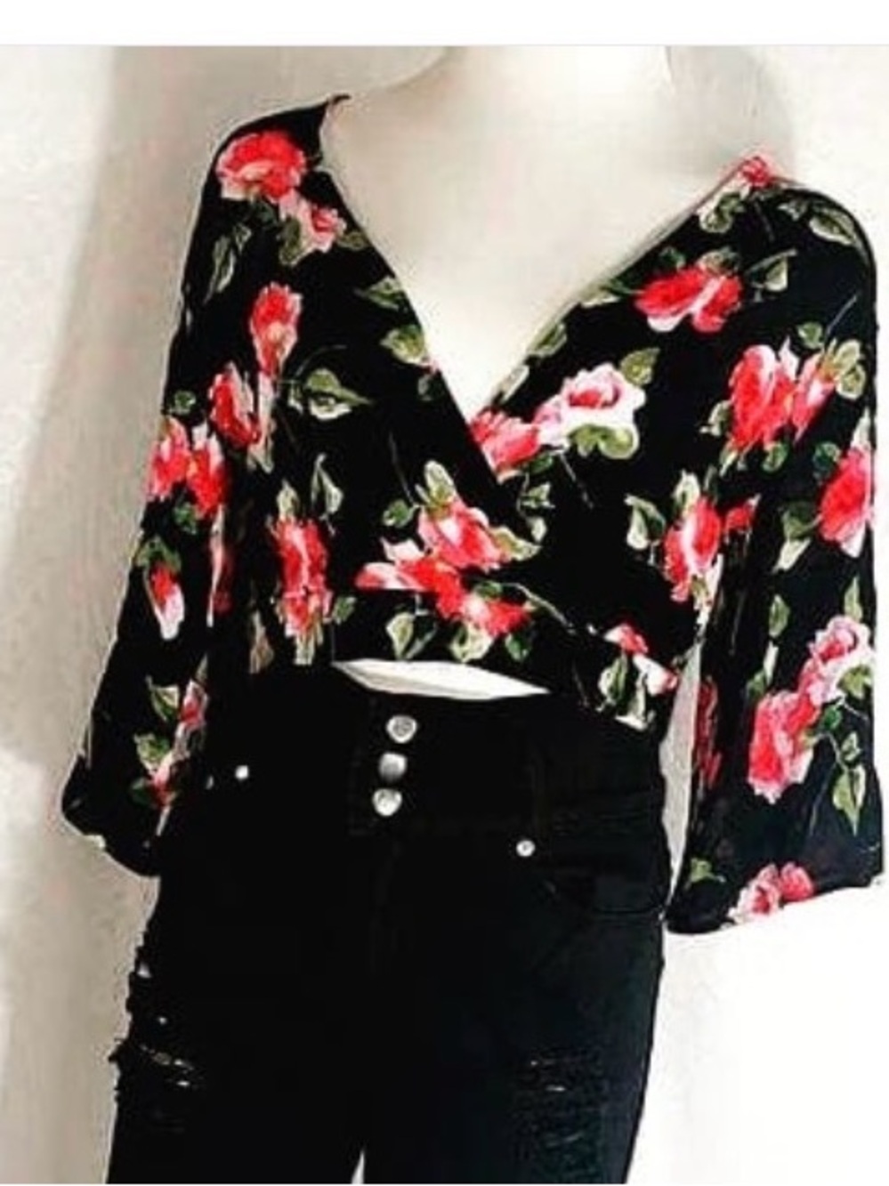 Ambiance Black Wrap Crop Top with Red Floral Print